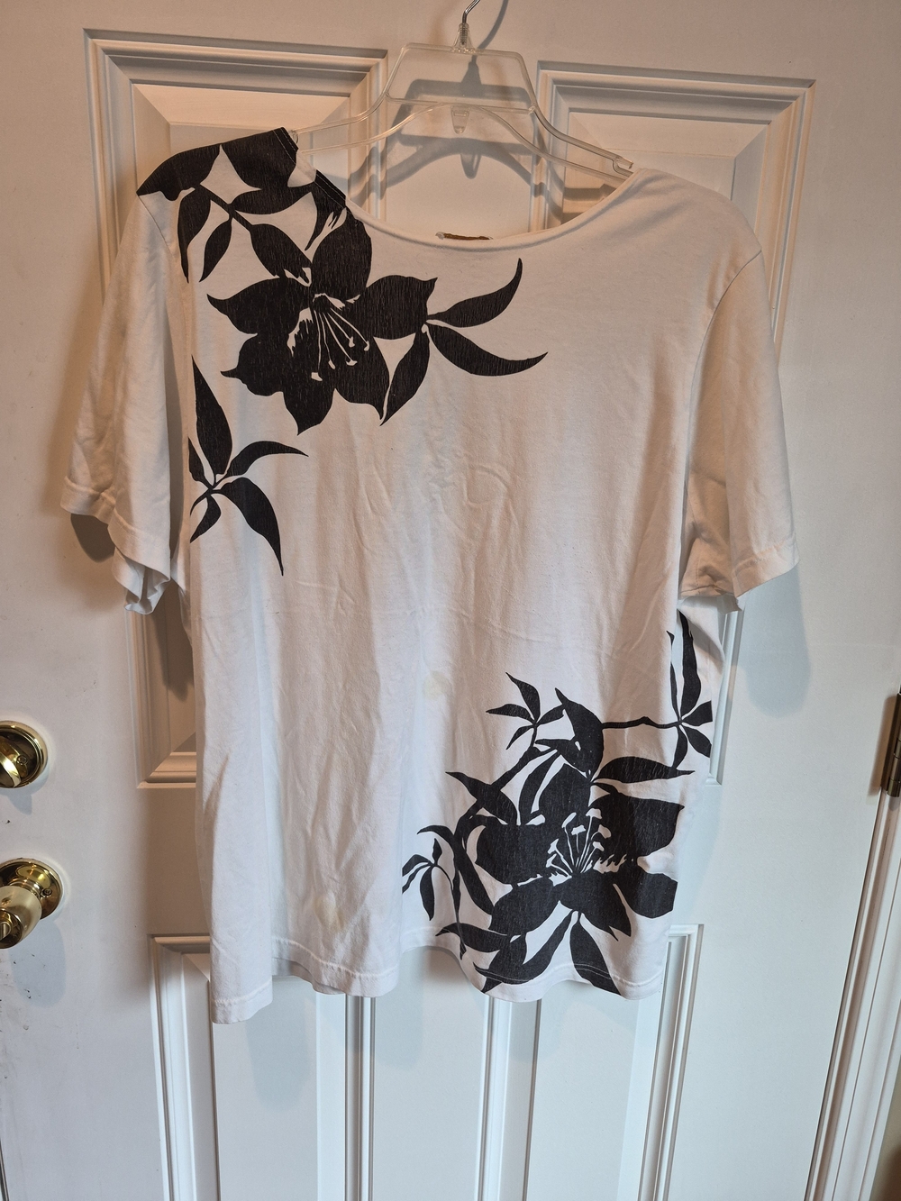 Women's White Short Sleeve Tee with Black Floral Design